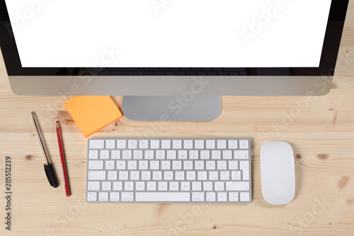 office set: computer, keyboard and office tool on wooden table with copy space and clipping path