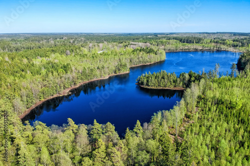 Spring aerial landscape over Swedish lake photo