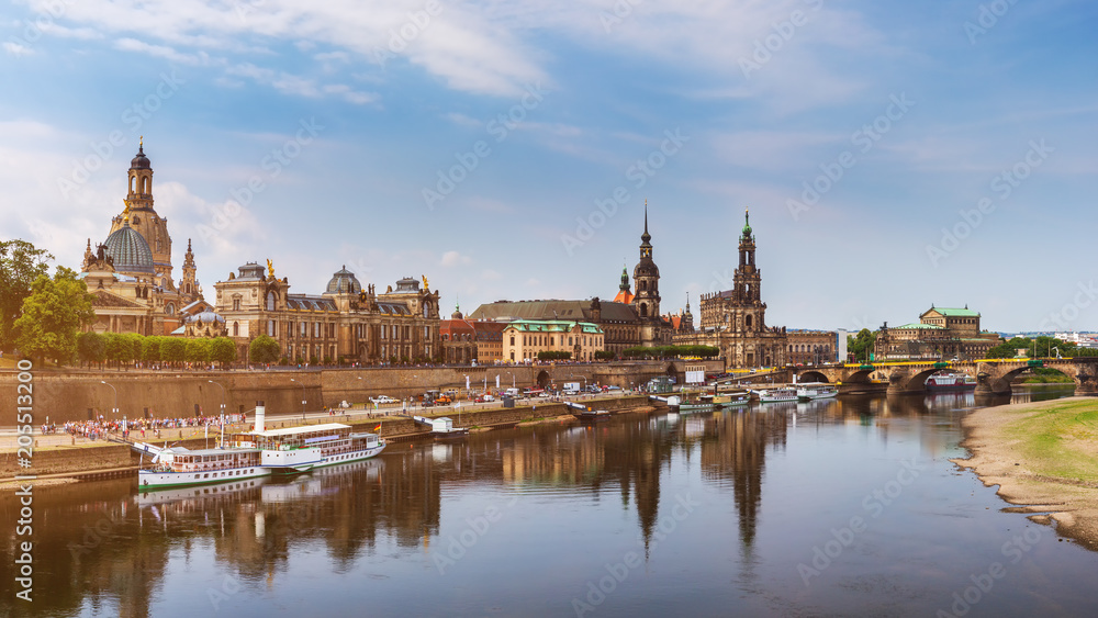 Scenic summer view of the Old Town architecture with Elbe river embankment in Dresden, Saxony, Germany