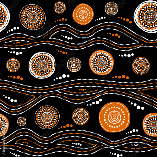 Australian aboriginal seamless vector pattern with dotted circles, rings and crooked stripes