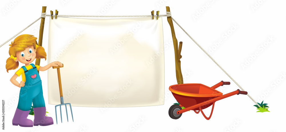 cartoon happy and funny farm scene with farm girl and wheelbarrow