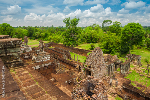 A beautiful view of the landscape and ruins on the northern side of Cambodia's Pre Rup temple, taken from the summit of the central sanctuary.