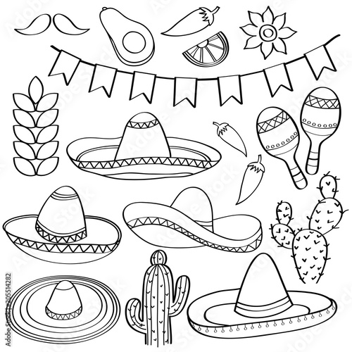Doodle Mexico symbol collection  isolated in black and white for coloring