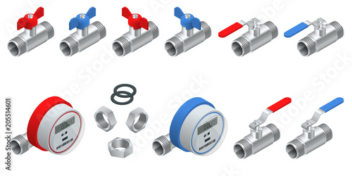 Isometric set of water meters for cold and warm water with pipeline. Vector illustration Counters isolated on white background. Sanitary equipment.