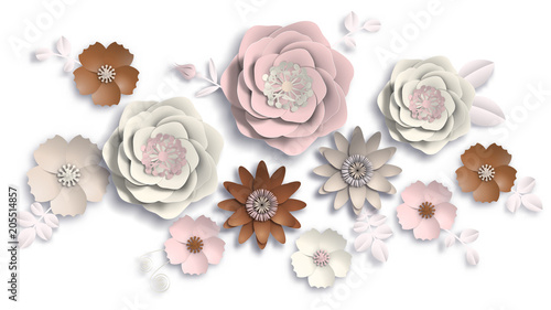 Paper art, summer flowers on a white background with leaves cut of paper. Vector stock illustration