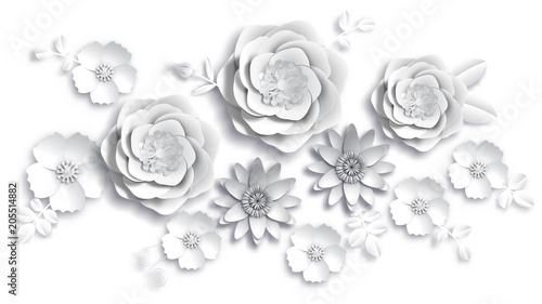 Fototapeta Naklejka Na Ścianę i Meble -  Paper art, summer flowers on a white background with leaves cut of paper. Vector stock illustration