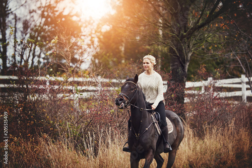 Woman galloping her horse through a field in the autumn