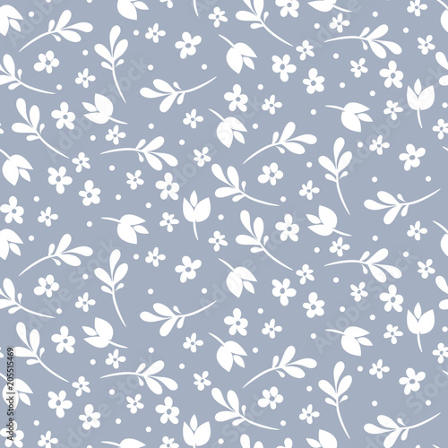 Seamless vector floral pattern. Blue and white monochrome design.