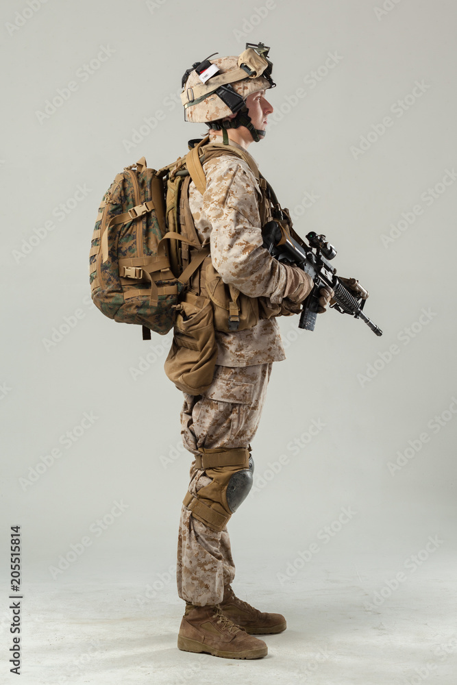 Soldier in camouflage holding rifle