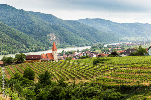 Canvas Print Scenic View into the Wachau with the river Danube and town Weissenkirchen in Lower Austria