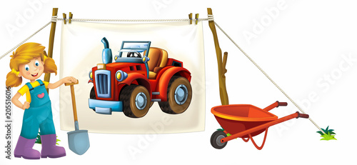 cartoon happy and funny farm scene with tractor and farm girl - on white background car for different tasks - illustration for children 