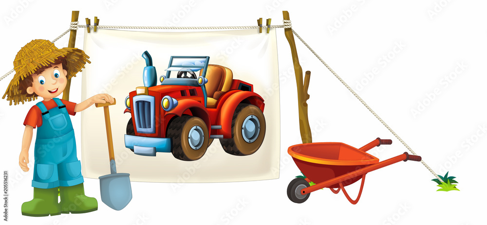 cartoon happy and funny farm scene with tractor - on white background  car for different tasks - illustration for children 