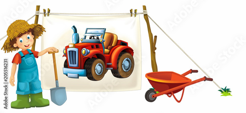 cartoon happy and funny farm scene with tractor - on white background car for different tasks - illustration for children 