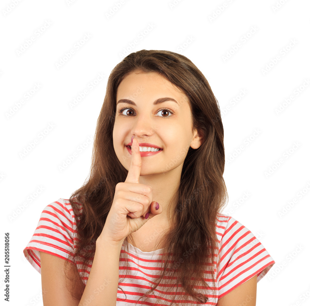 Secret woman. Smiling female showing hand silence sign. emotional girl isolated on white background Secret woman. Smiling female showing hand silence sign. emotional girl isolated on white background