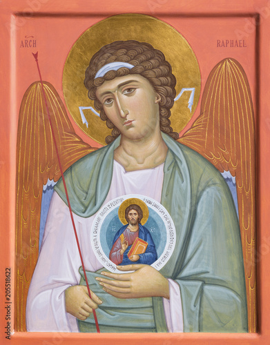 BOLOGNA, ITALY - APRIL 18, 2018: The icon of Archangel Raphael in church  Chiesa di San Pietro by Mauro Feliciani.