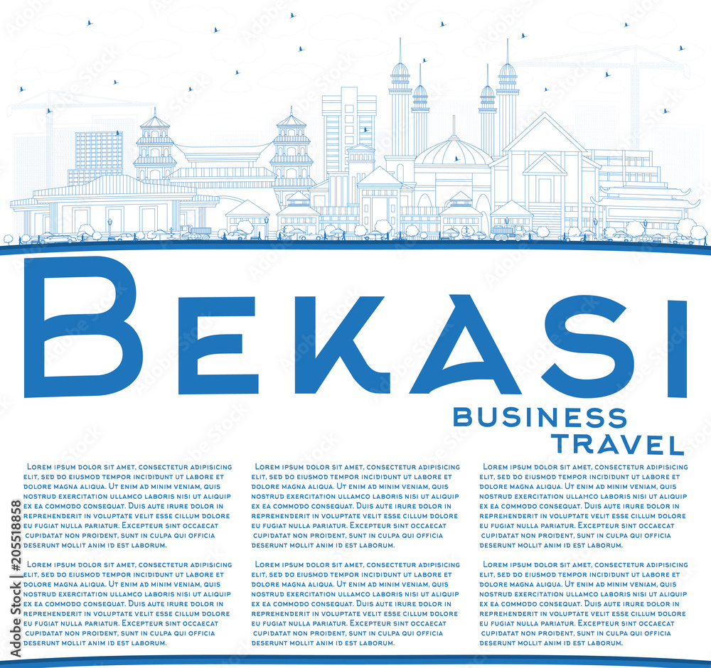 Outline Bekasi Indonesia City Skyline with Blue Buildings and Copy Space.