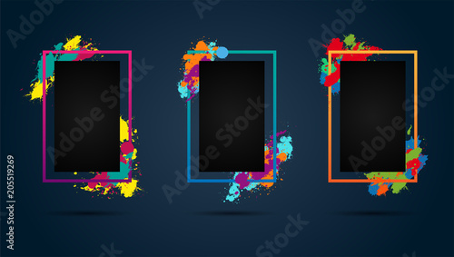 Set of three blank frames with multicolored spatters