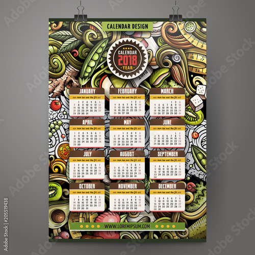 Cartoon colorful hand drawn doodles Diet food 2018 year calendar