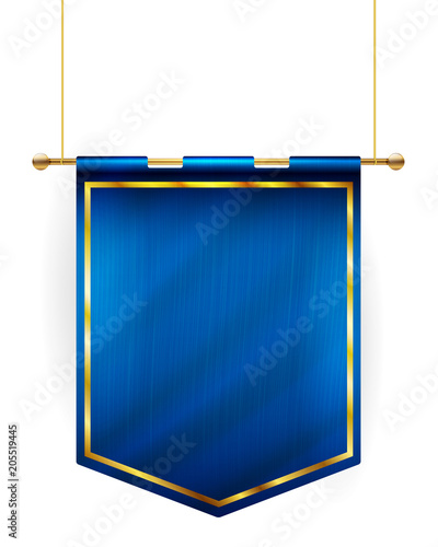 Medieval style blue flag hanging on gold pole