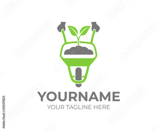 Hands hold garden trolley barrow and wheelbarrow with sprout inside, logo template. Garden accessories, wheelbarrow with ground, soil and plant, vector design. Growth in business, agriculture