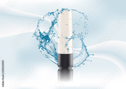 Advertising magazine page,Splash of water.Package with black lid,cosmetic products tube.Realistic mockup,plastic container isolated on abstract stylish gradient background .Vector illustration.