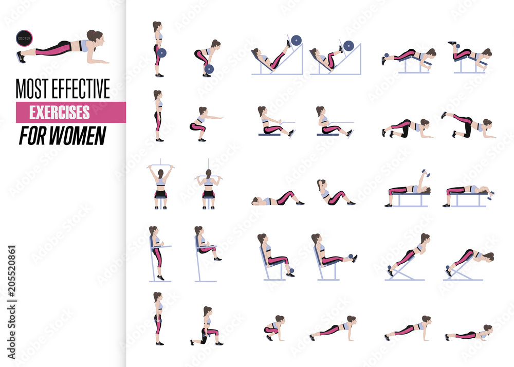 Set of sport exercises. Exercises with free weight. Exercises in a gym. Illustration of an active lifestyle. Vector Set of sport exercises. Exercises with free weight. Exercises in a gym. Illustration of an active lifestyle. Vector