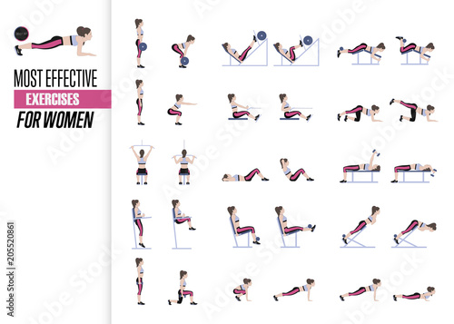 Set of sport exercises. Exercises with free weight. Exercises in a gym. Illustration of an active lifestyle. Vector