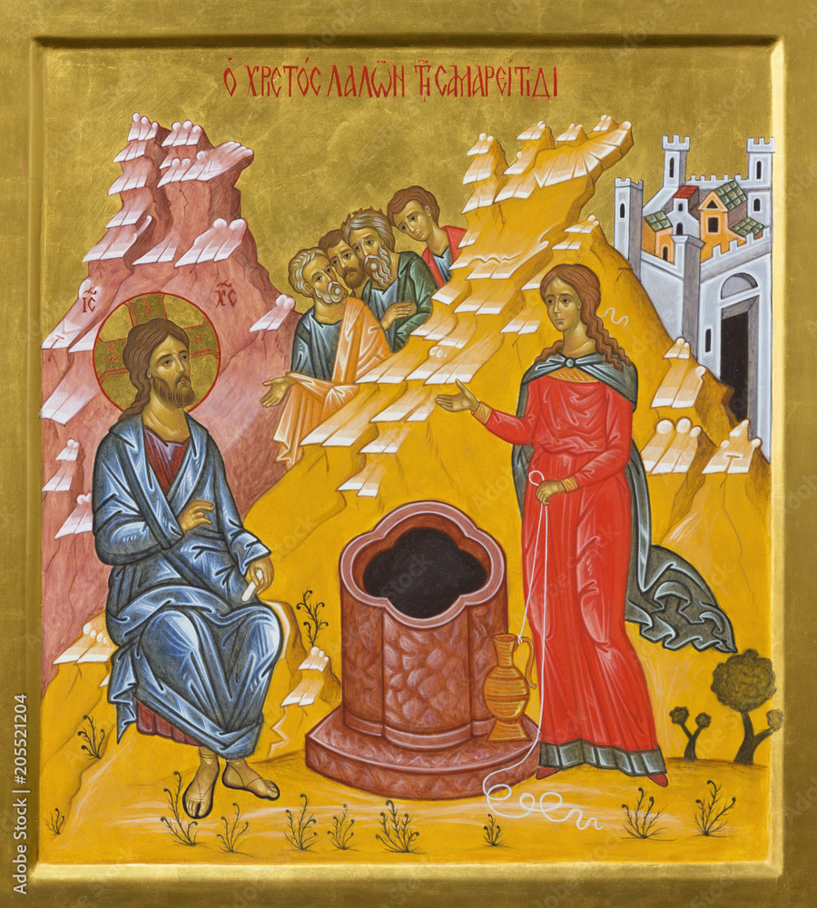 Fototapeta premium BOLOGNA, ITALY - APRIL 18, 2018:The icon of Jesus and Samaritans at well scene in church Chiesa di San Pietro by Giancarlo Pellegrini.