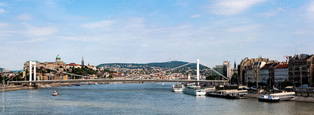 Scenic daylight view of Danube river, bridges, Budapest, Hungary Scenic daylight view of Danube river, bridges, Budapest, Hungary