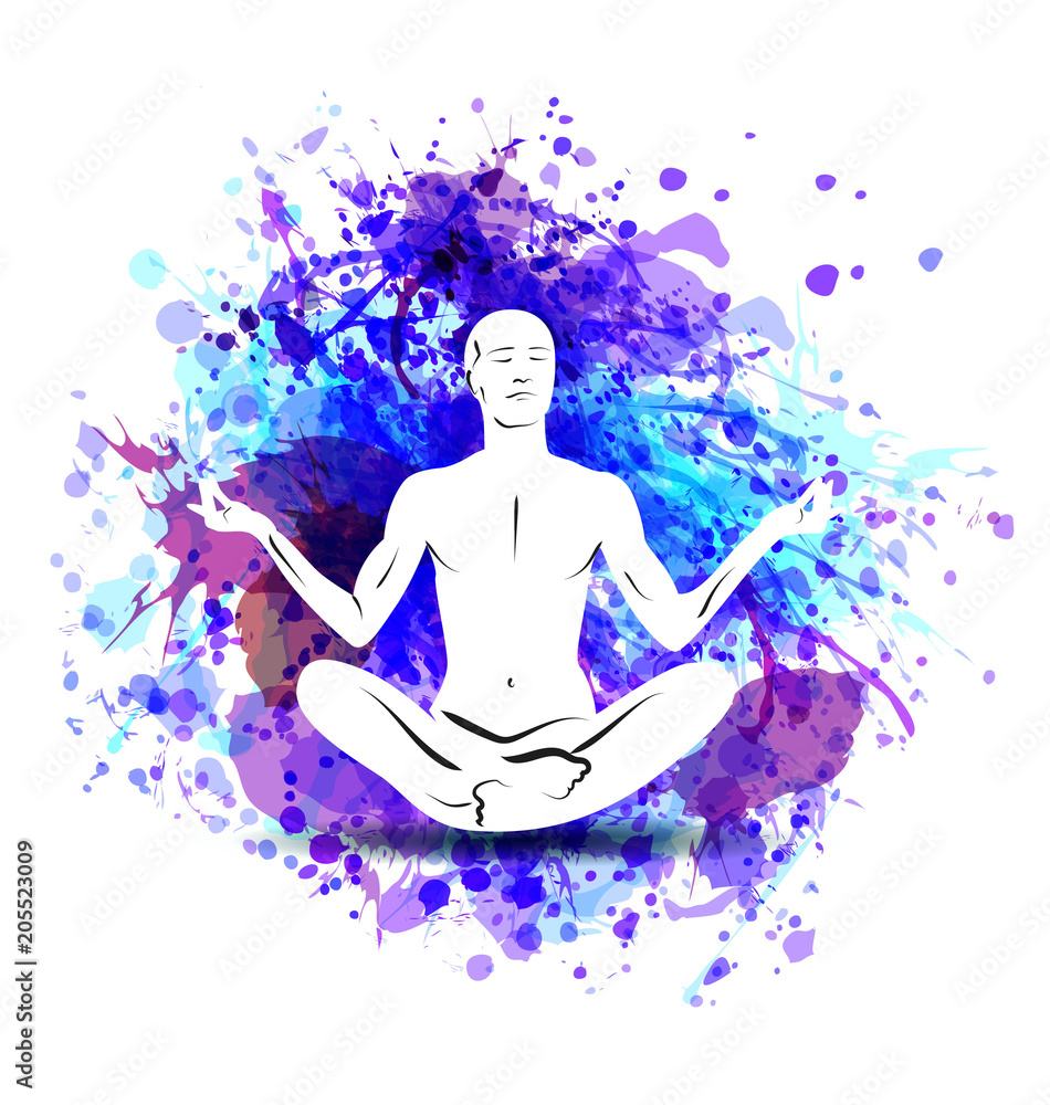 Vector silhouette of a meditating man on watercolor background