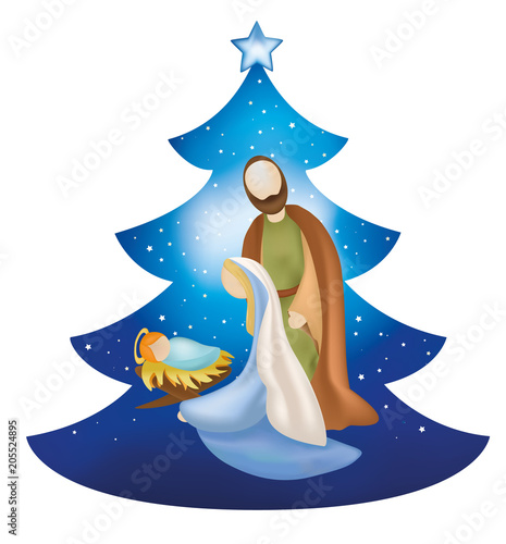 Isolated christmas tree nativity scene with holy family on blue background