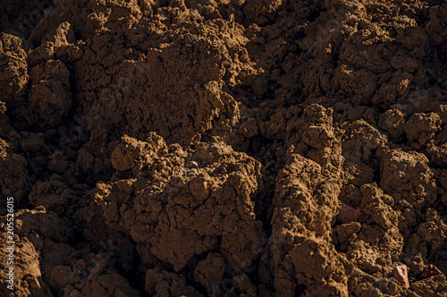 Close-up of brown soil in a construction area at sunset in Tielt. Charming and quiet village in the countryside, near Ghent and surrounded by agricultural fields. Western Belgium.
