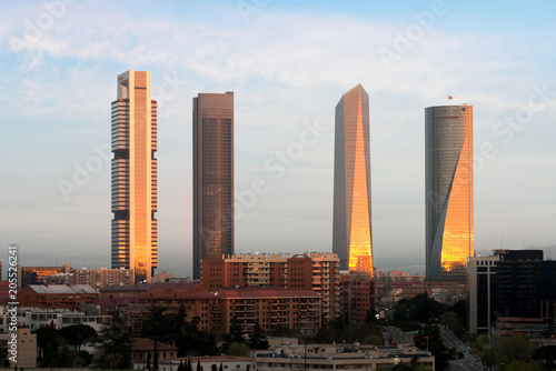 Madrid Four Towers financial district skyline during sunrise in Madrid, Spain.