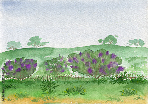Blooming garden in the spring. Watercolor landscape.