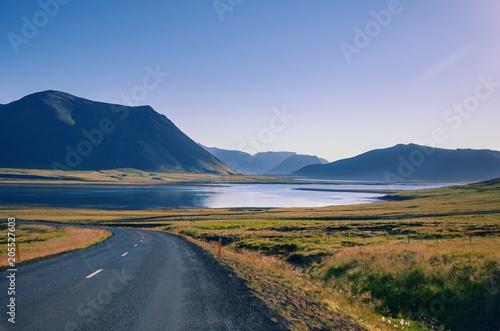 Road with Mountain and Ocean View by Sunset, Iceland