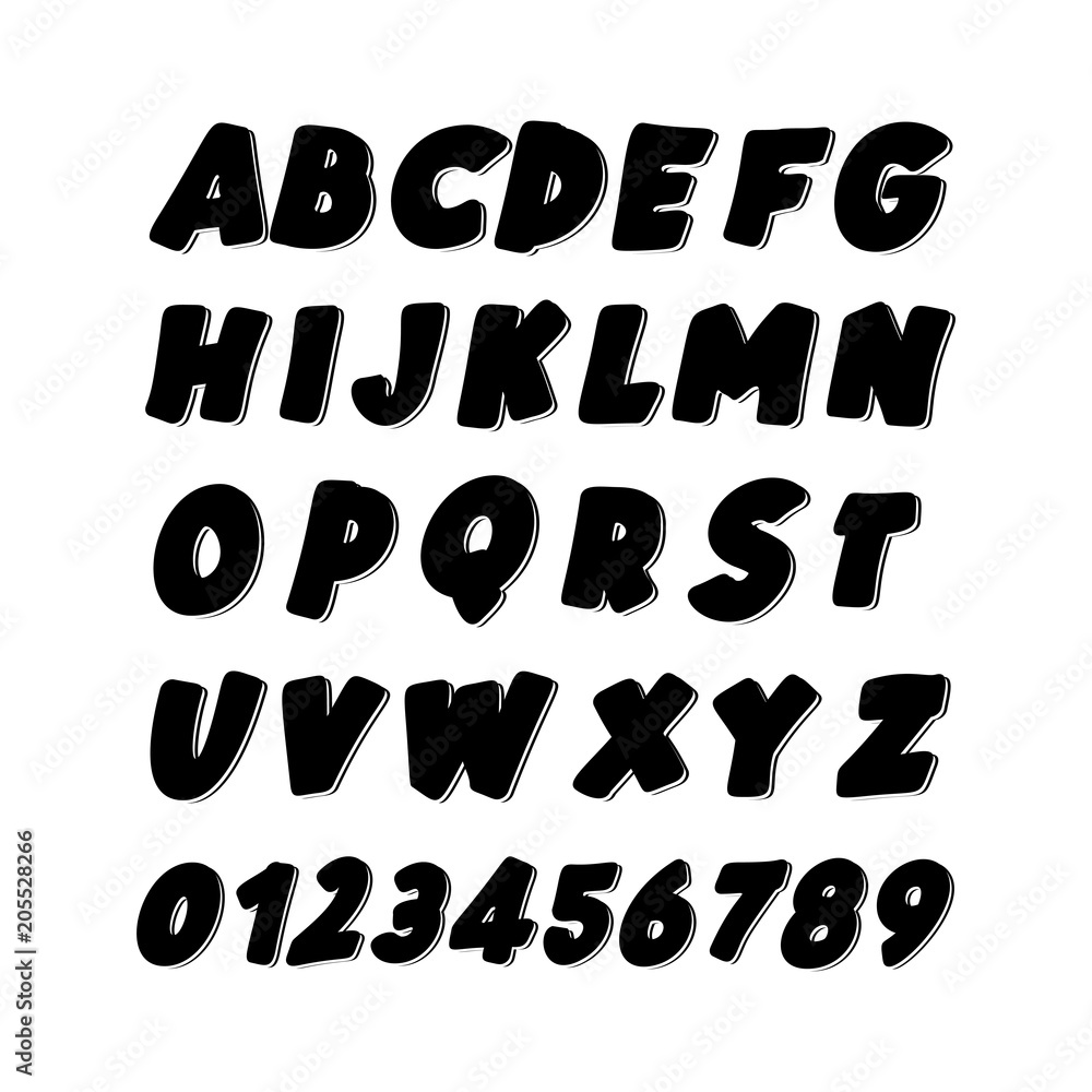 Latin alphabet. Children's font in cute black cartoon style. Latin alphabet. Children's font in cute black cartoon style.