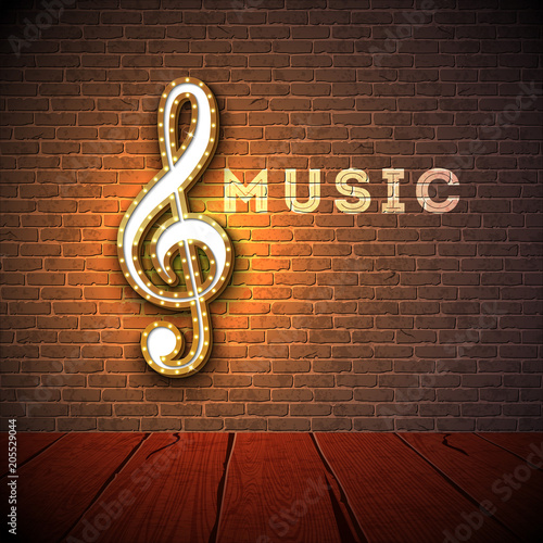 Music illustration with violin key lighting signboard on brick wall background. Vector design for invitation banner, party poster, greeting card.