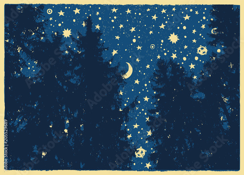 Silhouettes Of Fir Trees and Night Sky With Stars And Planets. Vector Illustration