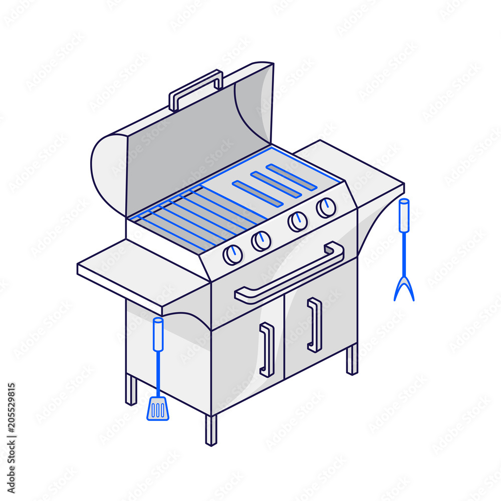 Electric or gas grill on three legs. One of the barbecue set. Vector illustration for mobile phones, apps, posters and flyers. Electric or gas grill on three legs. One of the barbecue set. Vector illustration for mobile phones, apps, posters and flyers.