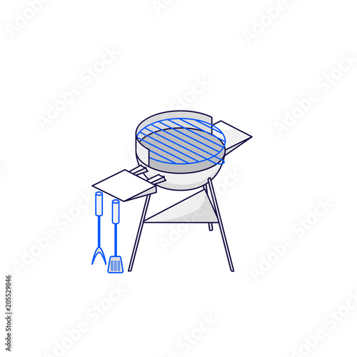 Round grill on three legs. One of the barbecue set. Vector illustration for mobile phones, apps, posters and flyers.