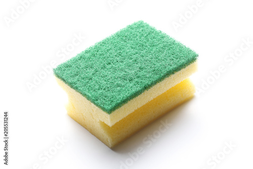 yellow dishwasher sponge isolated on white background
