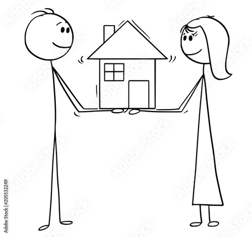 Cartoon stick man drawing conceptual illustration of man and woman holding together the family house of dreams. Concept of real estate investment.