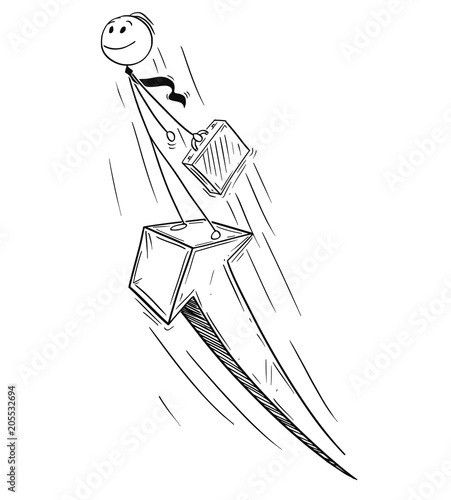 Cartoon stick man drawing conceptual illustration of businessman standing on the growth arrow going high to the sky. Business concept of success and growth.