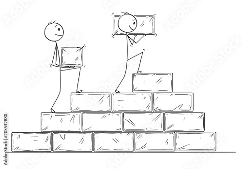 Cartoon stick man drawing conceptual illustration of two businessmen building staircase or stairway or project from big stone blocks. Business concept of cooperation and teamwork.
