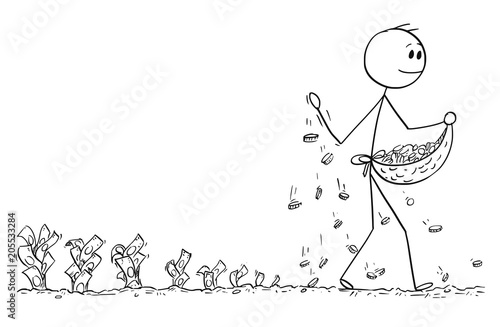 Cartoon stick man drawing conceptual illustration of businessman seeding or sowing coins and harvesting bills or banknotes. Business concept of investment and profit.