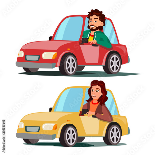 Driver People Vector. Man, Woman Sitting In Modern Automobile. Buy A New Car. Driving School Concept. Happy Female, Male Motorist. Isolated Flat Cartoon Character Illustration