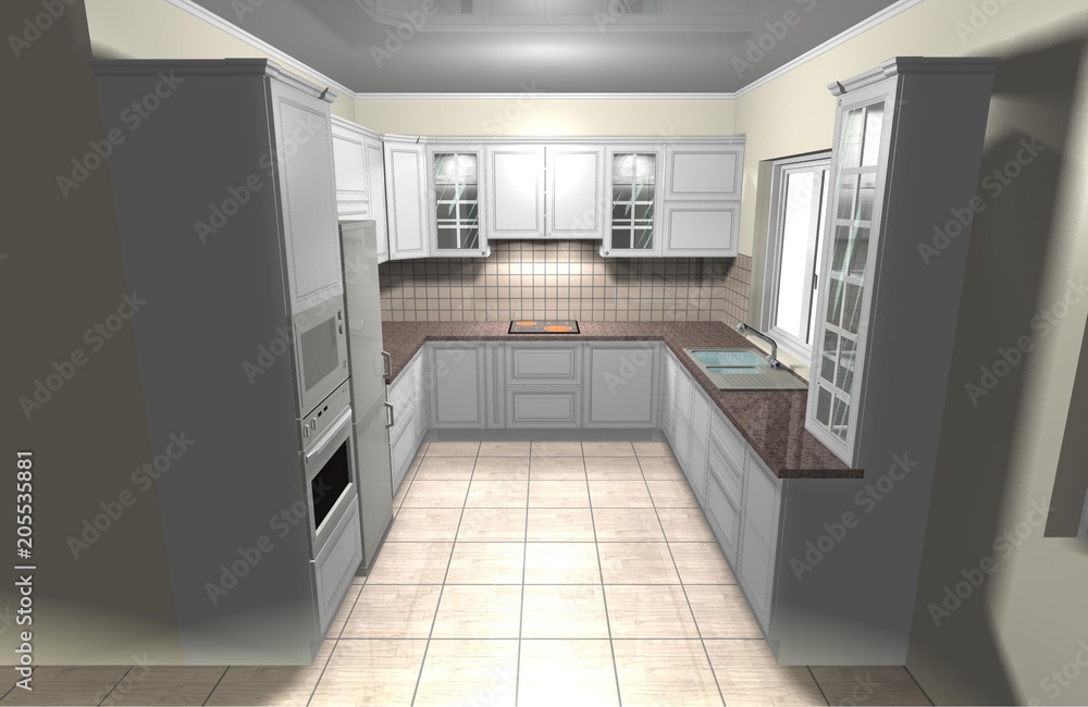 interior design classic white large kitchen 3D rendering