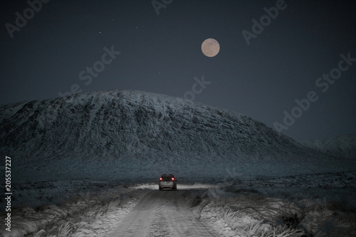 Full moon in a snowy road