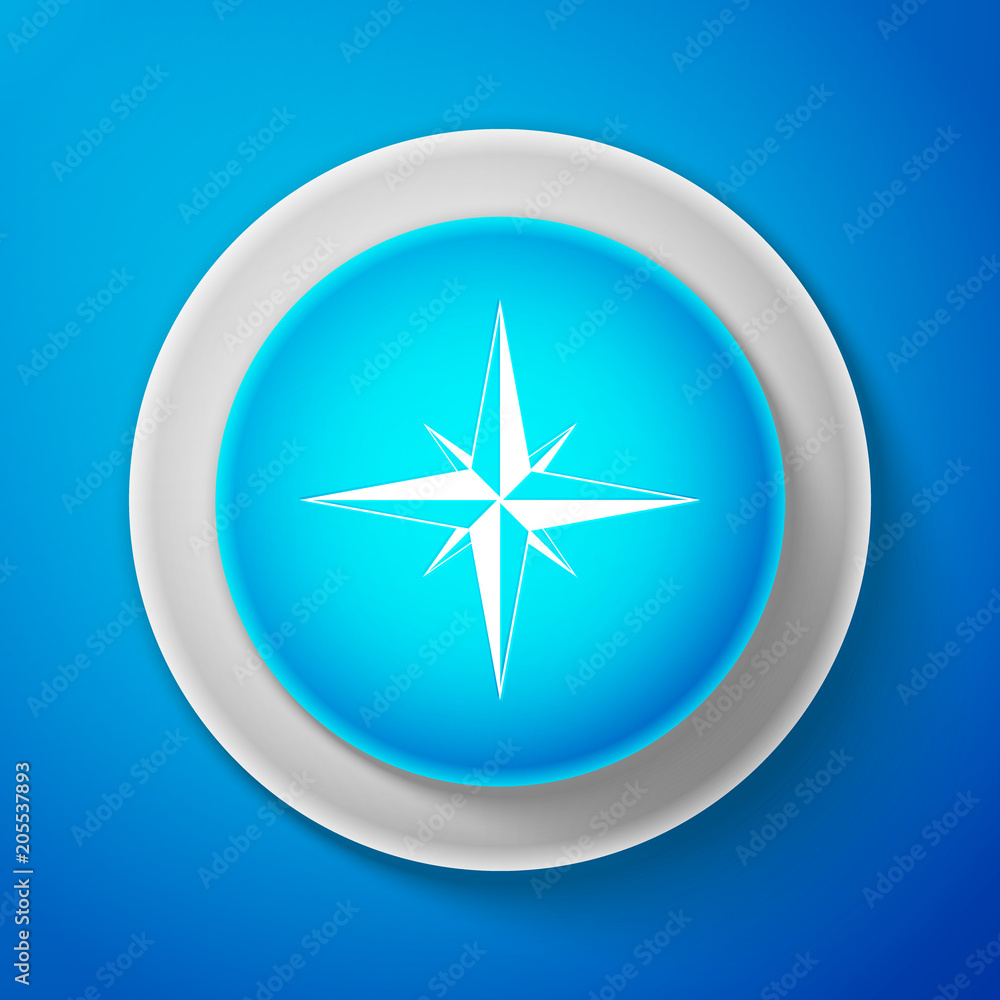 White Wind rose icon isolated on blue background. Compass icon for travel. Navigation design. Circle blue button with white line. Vector Illustration White Wind rose icon isolated on blue background. Compass icon for travel. Navigation design. Circle blue button with white line. Vector Illustration