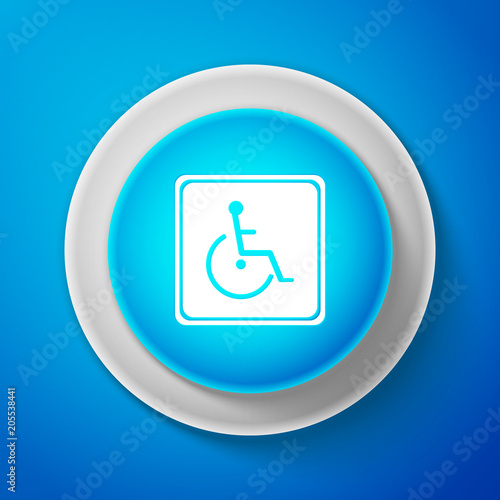 White Disabled handicap icon isolated on blue background. Wheelchair handicap sign. Circle blue button with white line. Vector Illustration